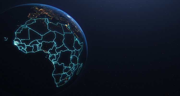 An artificial image of the African continent highlighted blue. 