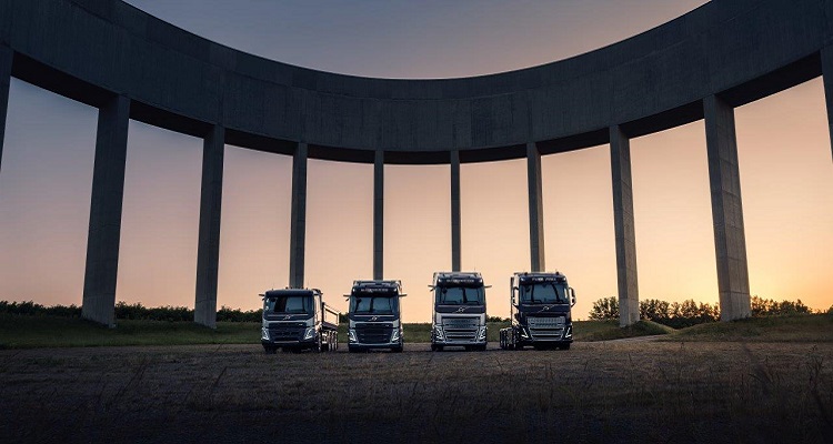 Volvo Trucks lined in a row. 