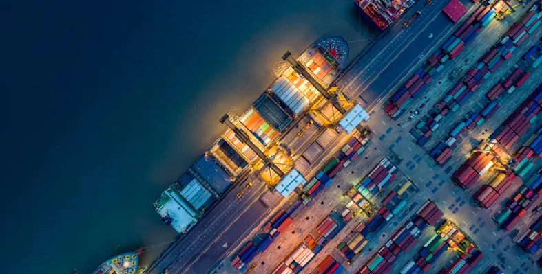 An overhead picture of a container port. 