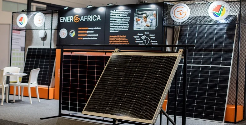 A solar panel in front of the EGA stand at a trade show 