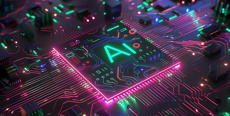 A digital image of a circuitboard with AI on it.