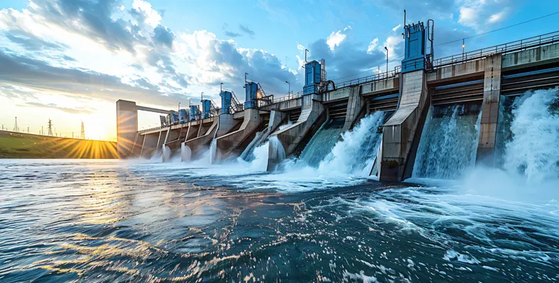 An image of a hydropower plant on a river at sunset. 