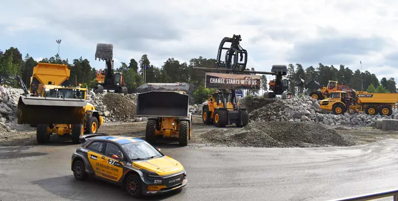 Various Volvo CE construction equipment with a message in the middle reading 'change starts with us'