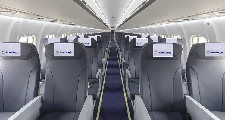 The interior of a TransVerde Airlines aircraft without passengers.