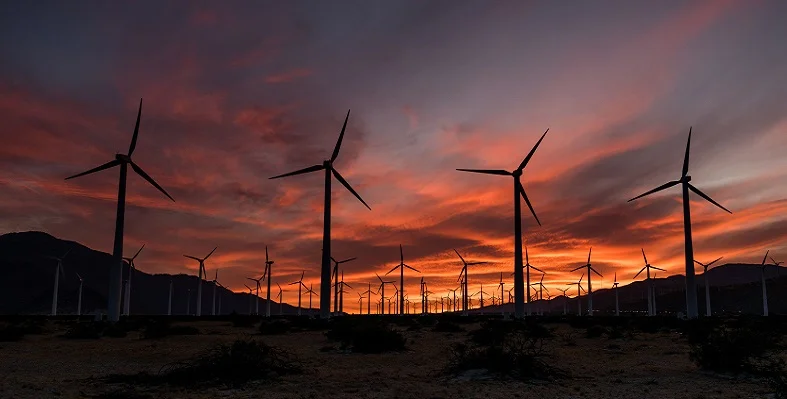 Wind turbines against a sunset. 