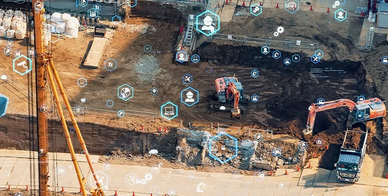 A construction site with digital communication graphics overlaid. 