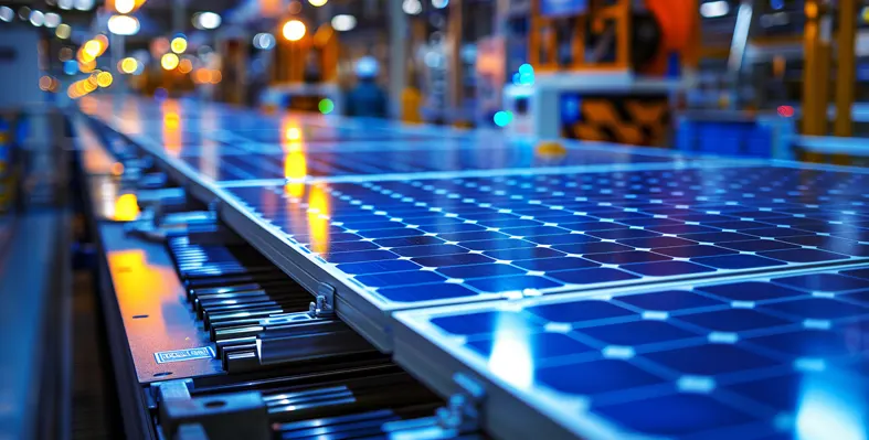 A picture of new solar cells on a conveyor belt.