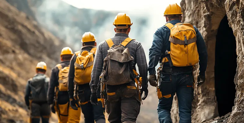 Miners in work gear walking towards a mine entrance