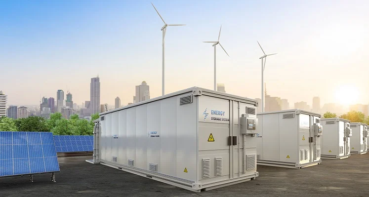 Energy storage units with solar panels and wind turbines in the background.