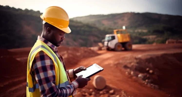 African mining construction worker with a digital tablet in an open pit quarry 