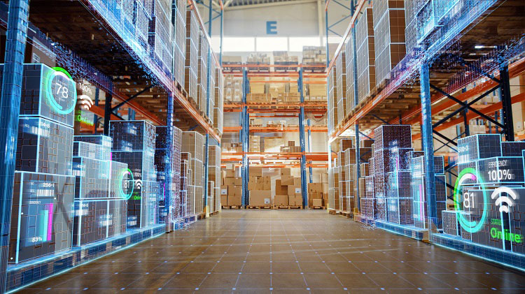 A warehouse with digital software edited over the top of the stock. 