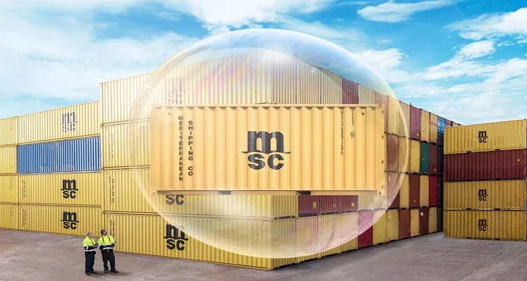 Cargo containers in the background with a branded MSC bubble in the foreground.