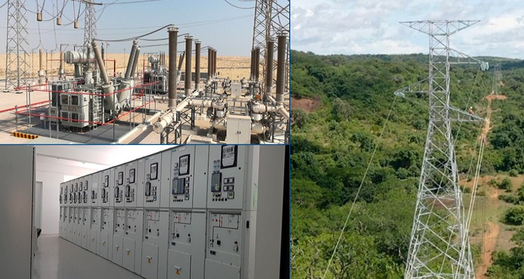 Three images of energy equipment including power lines and a transformer station.