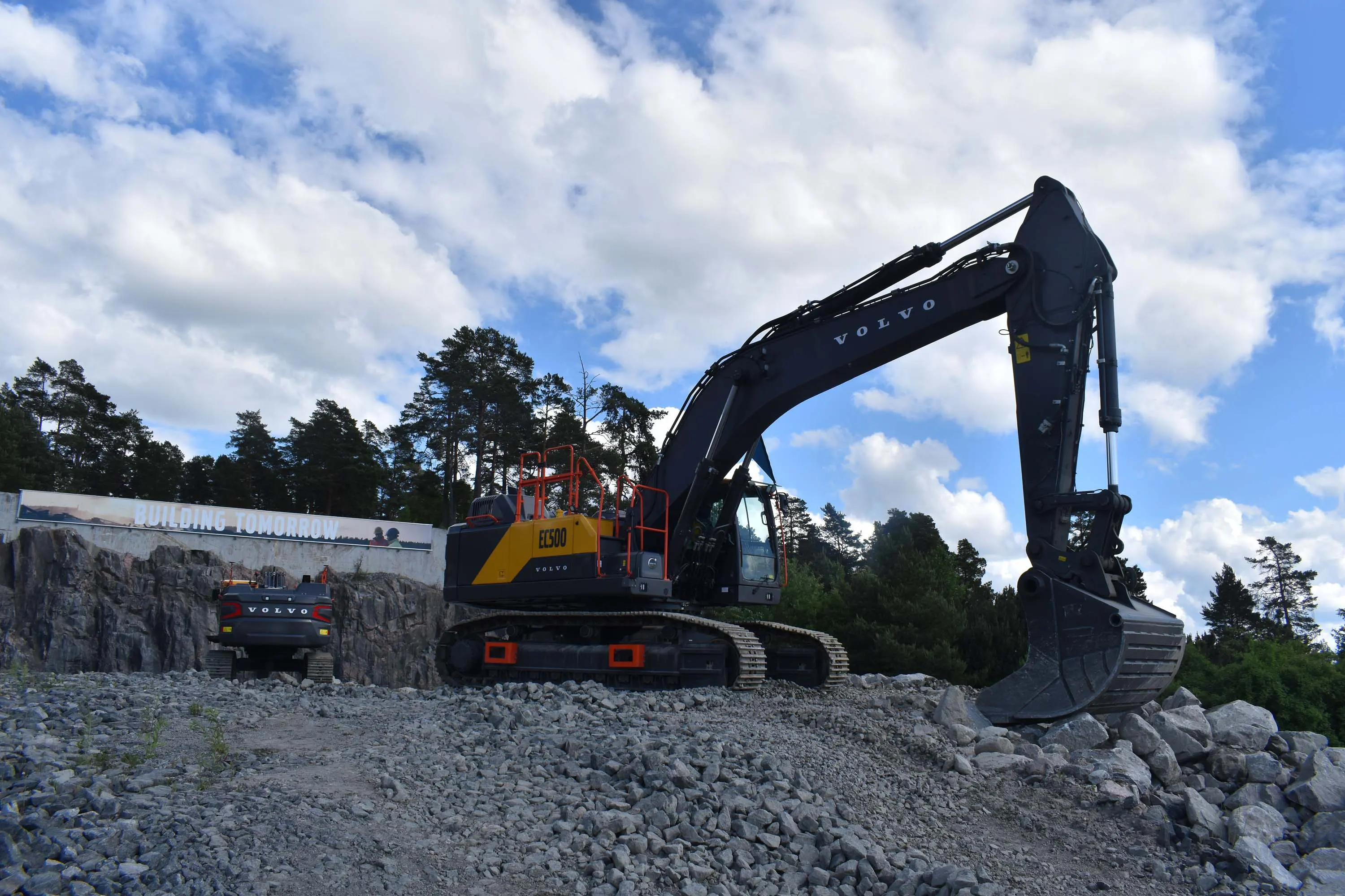 The new Volvo CE EC500 excavator on the top of a hill.