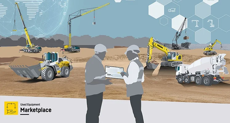 A digital image of two workers looking at the Liebherr platform with various machines in the background.