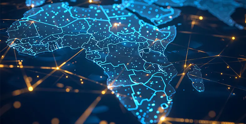 LINX expands in Kenya with a new IXP in Mombasa, enhancing interconnection, reducing latency, and supporting digital growth in Africa. (Image source: Adobe Stock) Digital_map_of_Africa_global network_and_connectivity