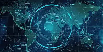 A map of the world with a digital target focusing in on Africa.