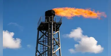 Closeup-gas-flaring-tower-blue-sky-clouds