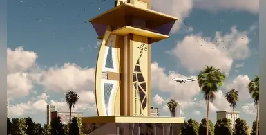 Arua-airport-control-tower-sky-jet-plane-landing-palm-trees