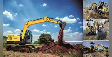 Yellow-Wacker-neuson-compact-excavator-digging-earth