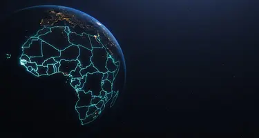 An artificial image of the African continent highlighted blue. 