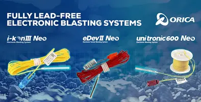 An Orica banner showing the lead-free electronic blasting systems of eDEV II Neo, uni tronic 600 Neo and ikon III Neo.