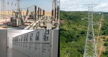 Three images of energy equipment including power lines and a transformer station.