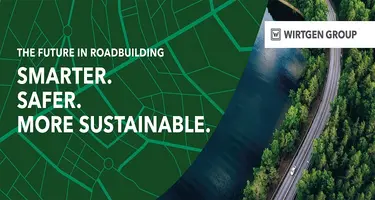 An image of a road with Wirtgen logo and its 'The future in Roadbuilding' slogon.