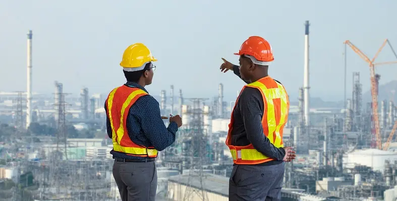 Two industry leaders in safety gear surveying the skyline.