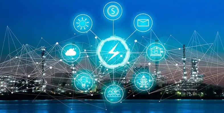 A stock image of a digital menu over a light city. 