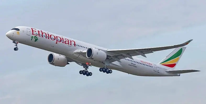 A aircraft in the sky branded with Ethiopian Airlines colours and name