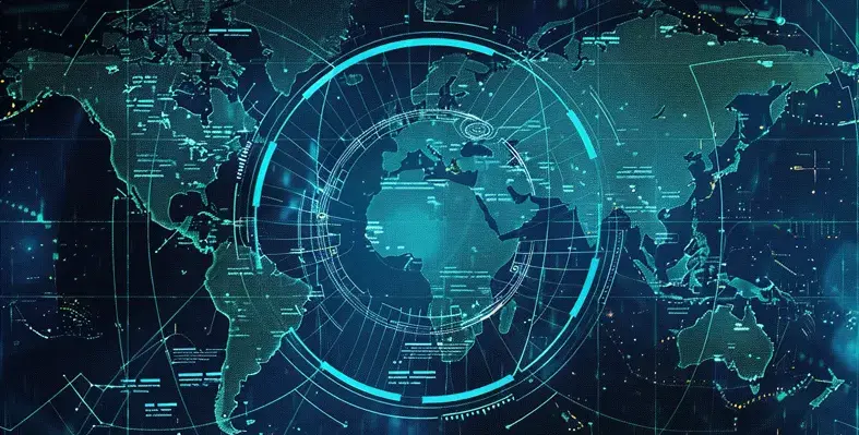 A map of the world with a digital target focusing in on Africa.