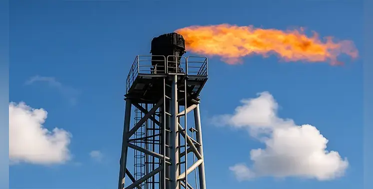 Closeup-gas-flaring-tower-blue-sky-clouds