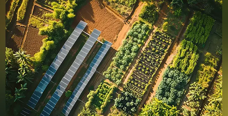 Aerial-image-solar-panels-beside-farm-vegetables