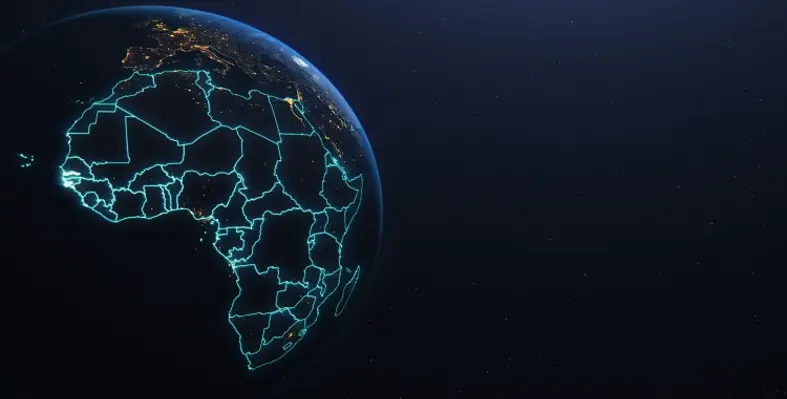 An artificial image of the African continent highlighted blue. 