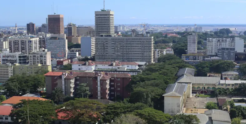 An overhead image of a city. 