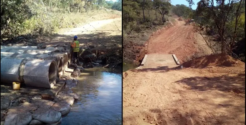 The bridge leading to Molulu under construction and completed. (Image source: Critical Metals) Critical Metals partially bridge and road
