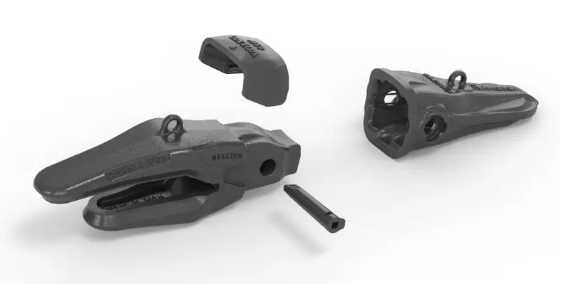 The Abrasive Material teeth are designed to handle abrasive material. (Image source: Volvo CE) EXC ATT VTS2 1 abrasive material exploded view