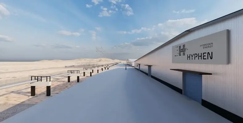 A digital rendition of the green hydrogen project with a warehouse and pipelines.