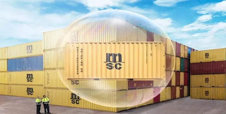 Cargo containers in the background with a branded MSC bubble in the foreground.