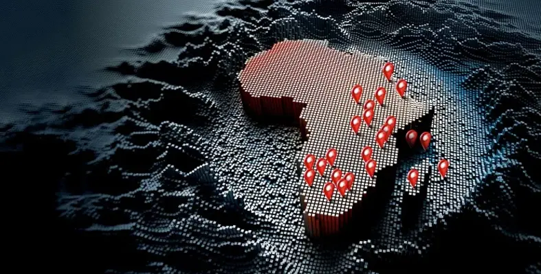 A map of Africa with key locations across the South and East pinpointed. 