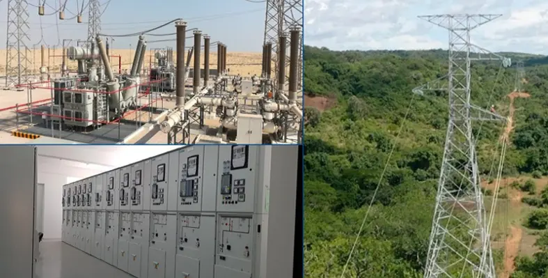 Three images of energy equipment including power lines and a transformer station.