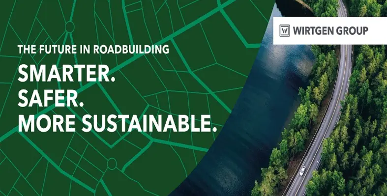 An image of a road with Wirtgen logo and its 'The future in Roadbuilding' slogon.