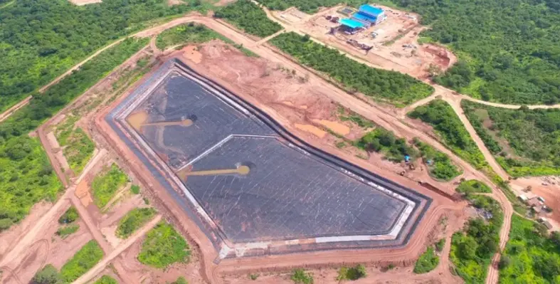 An aerial view of the Lindi Jumbo Graphite Mine with the TSF and processing plant. 