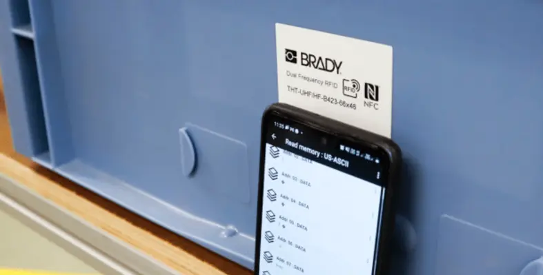 Simply tap the label with an NFC enabled smartphone to read and write data. (Image source: Brady Corporation) brady_pix_edited.png