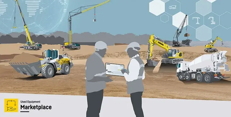 A digital image of two workers looking at the Liebherr platform with various machines in the background.