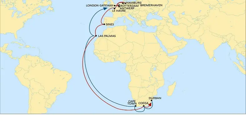 A map of the new MSC services from South Africa and Europe. 