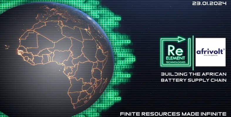A digital image of Africa on the globe alongside the logos of ReElement and Afrivolt.