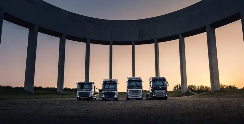 Volvo Trucks lined in a row. 