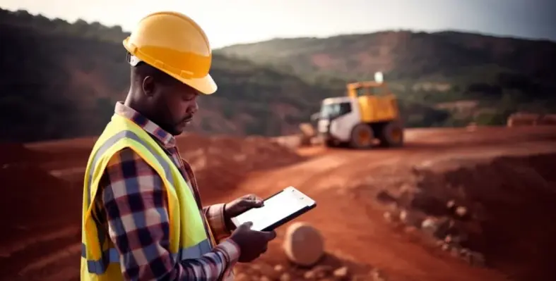 African mining construction worker with a digital tablet in an open pit quarry 